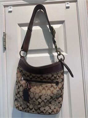 Coach Vintage Signature Canvas Convertible  Shoulder Bag in Beige and Dark Brown